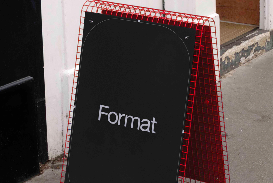 Red plastic A-frame sidewalk sign with black display surface showing Format text