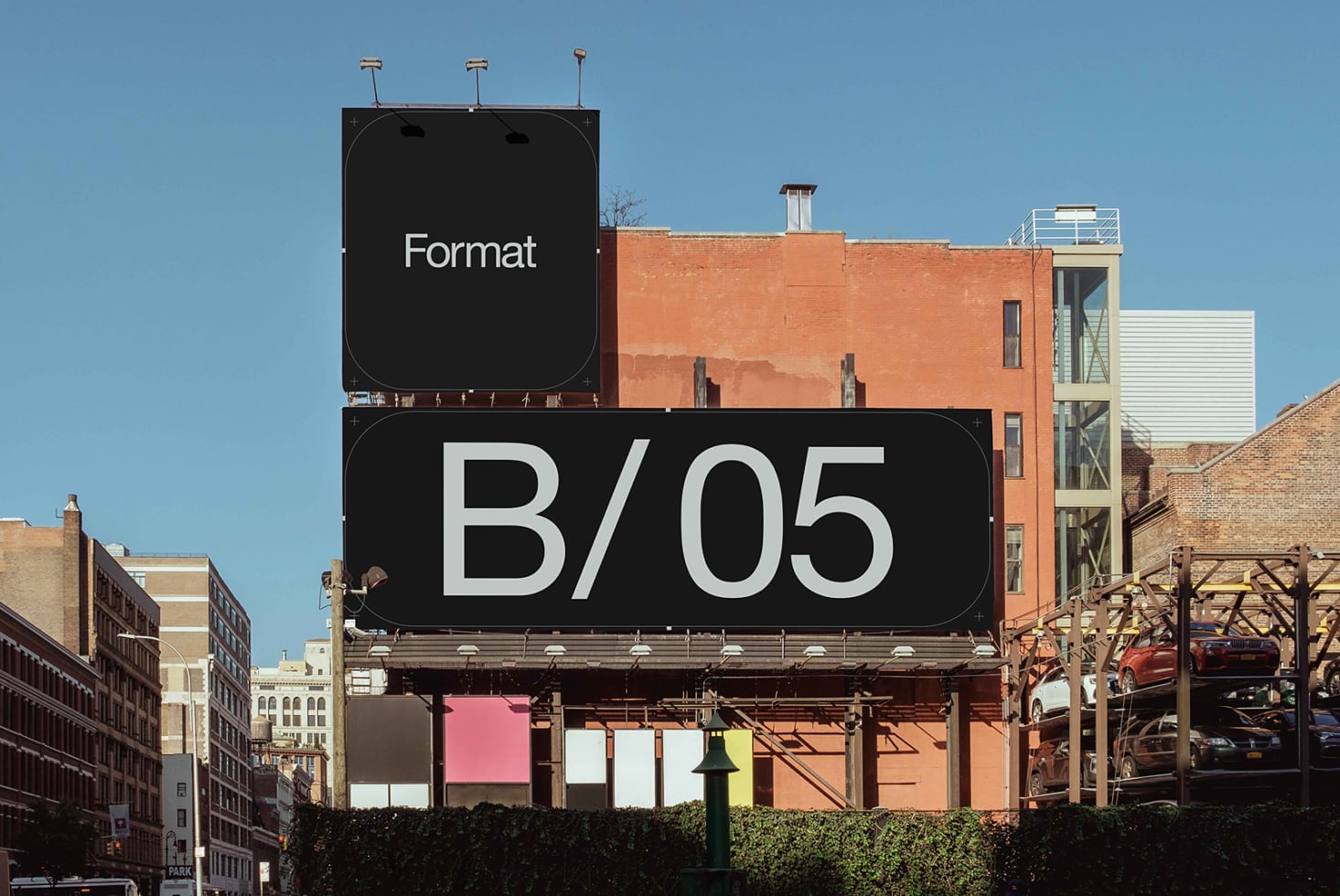 Two-panel stacked billboard mockup on brick building with B/05 displayed