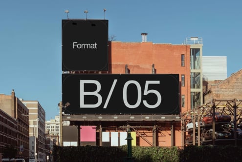 Two-panel stacked billboard mockup on brick building with B/05 displayed