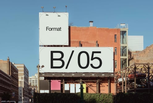 Rounded corner billboard mockup showing B/05 on urban rooftop scene