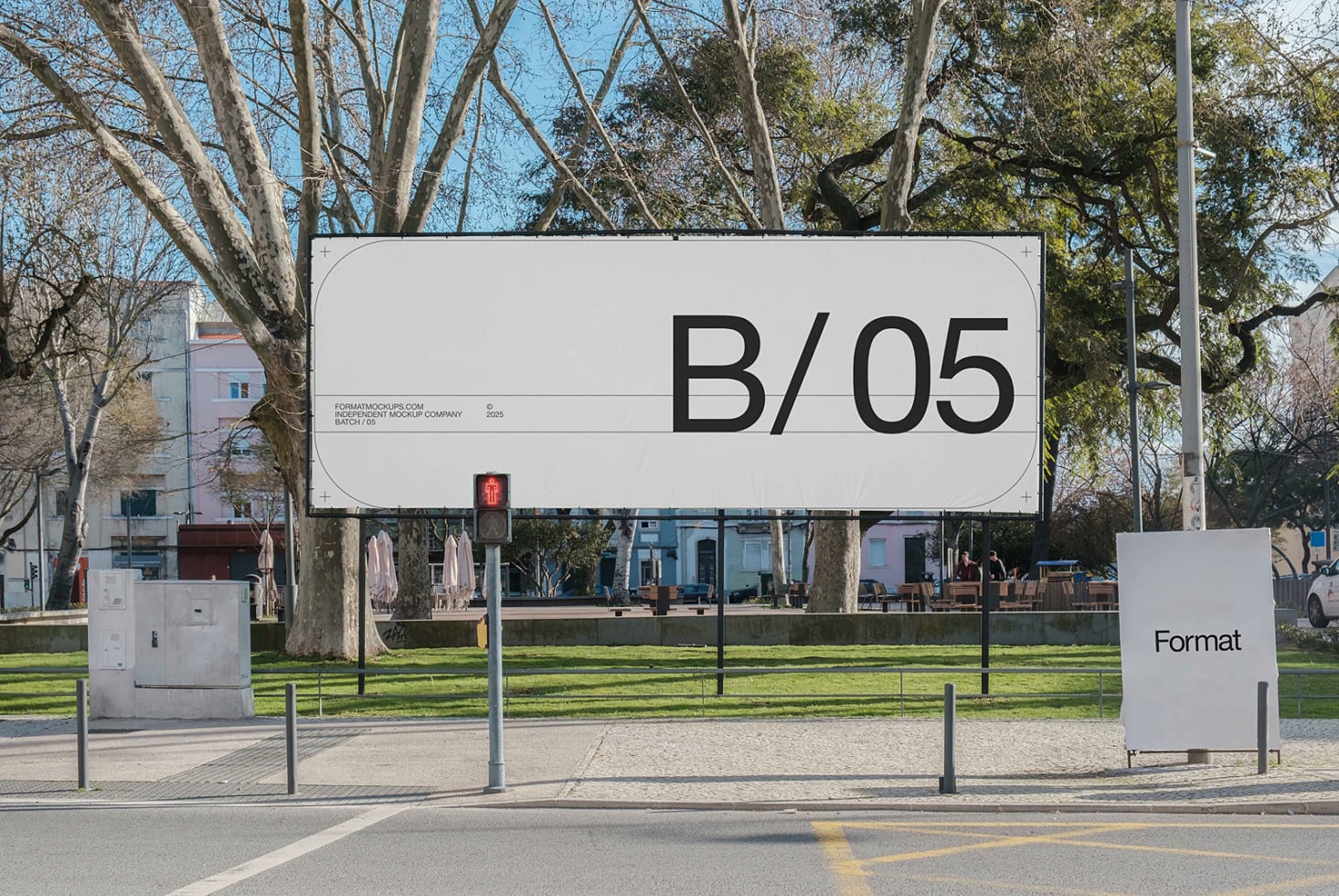 Large outdoor billboard mockup with B/05 text in park setting among trees