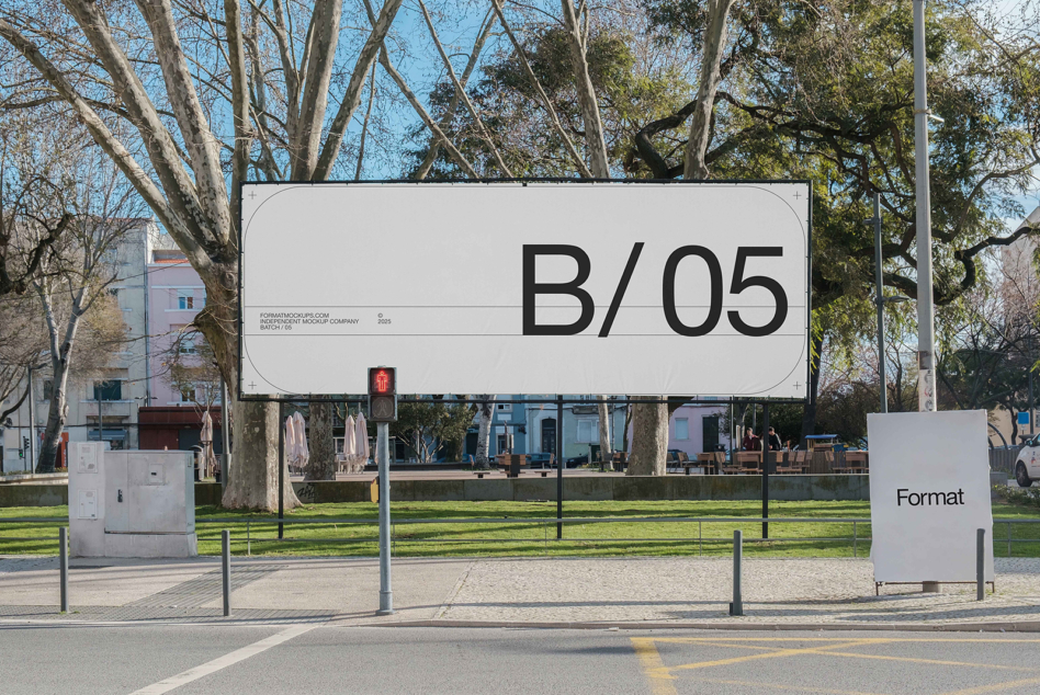 Large outdoor billboard mockup with B/05 text in park setting among trees