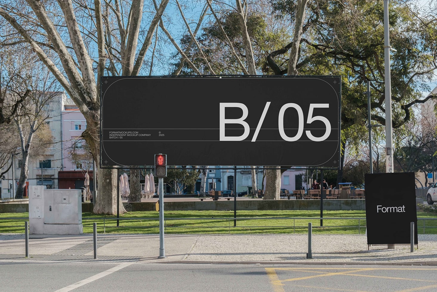 Large outdoor billboard in park setting showing B/05 with Format branding beneath