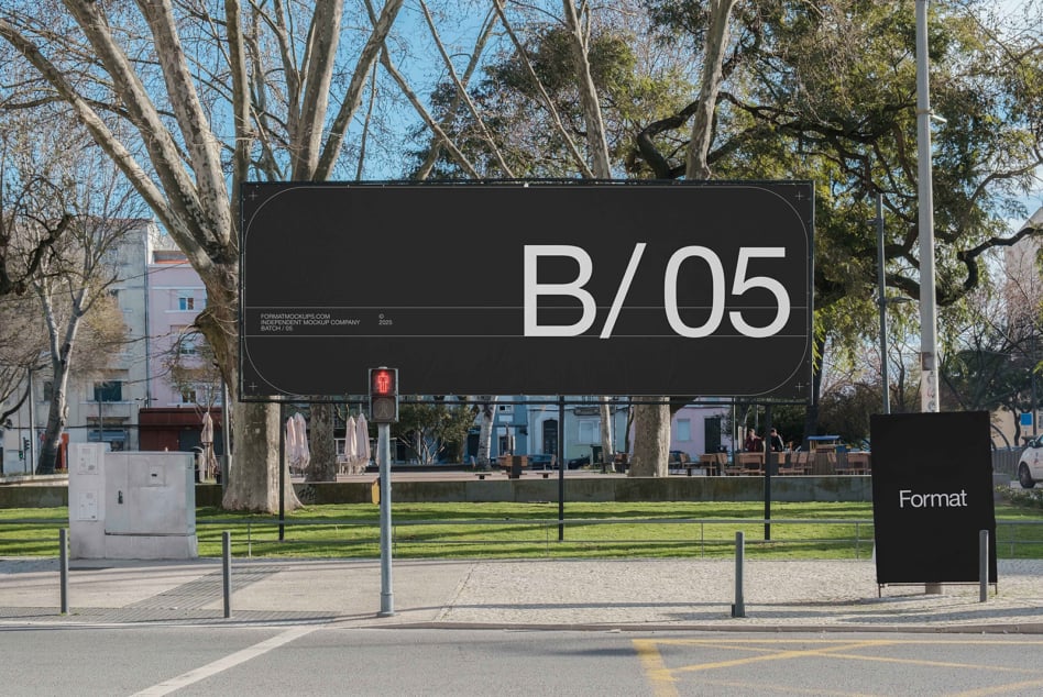 Large outdoor billboard in park setting showing B/05 with Format branding beneath