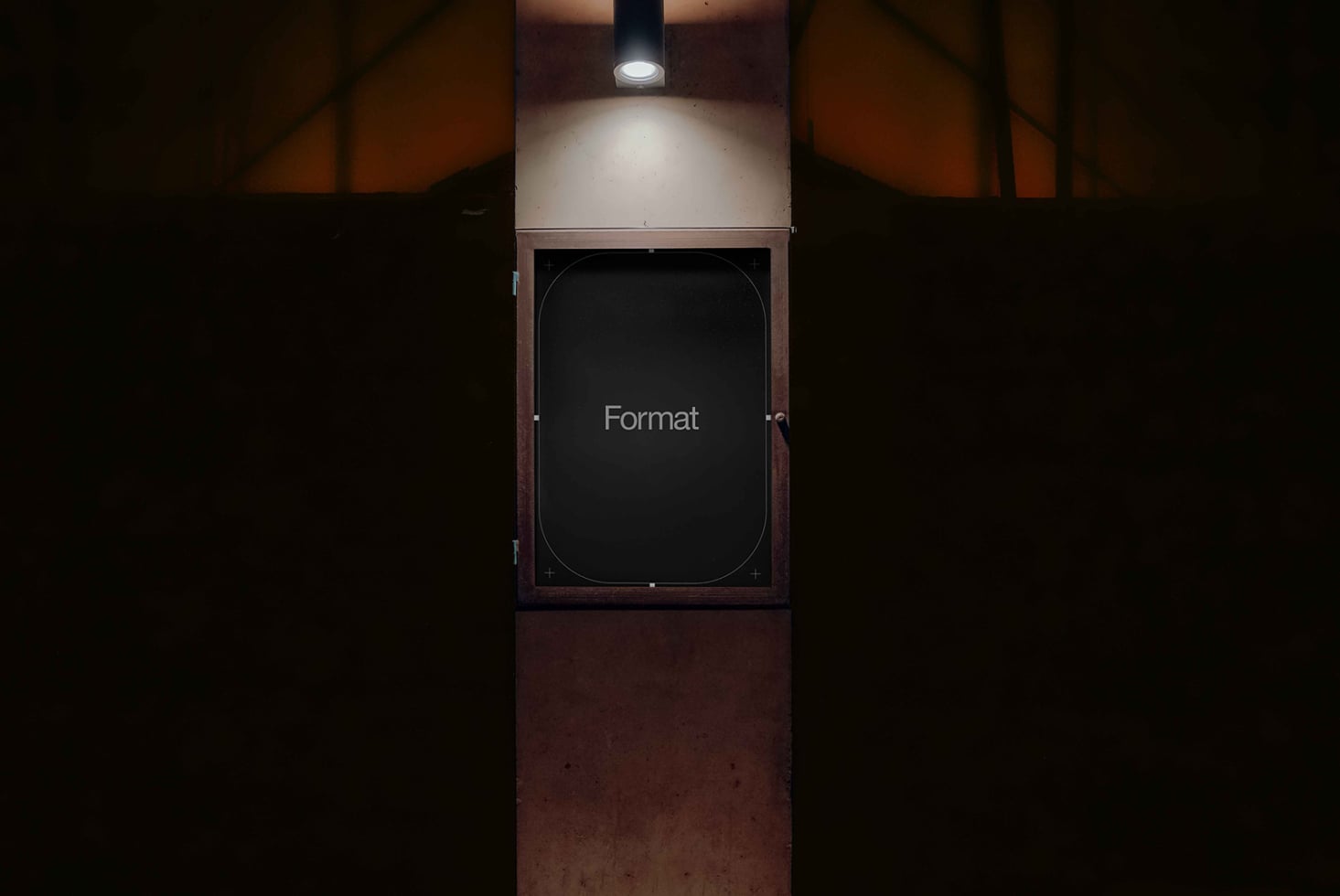 Dark wooden wall fixture with lit ceiling lamp, empty screen in center