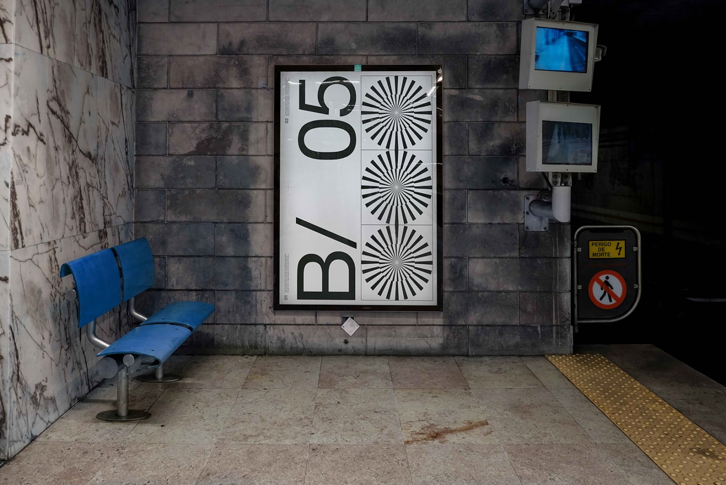 Light poster mockup on concrete wall next to blue seating