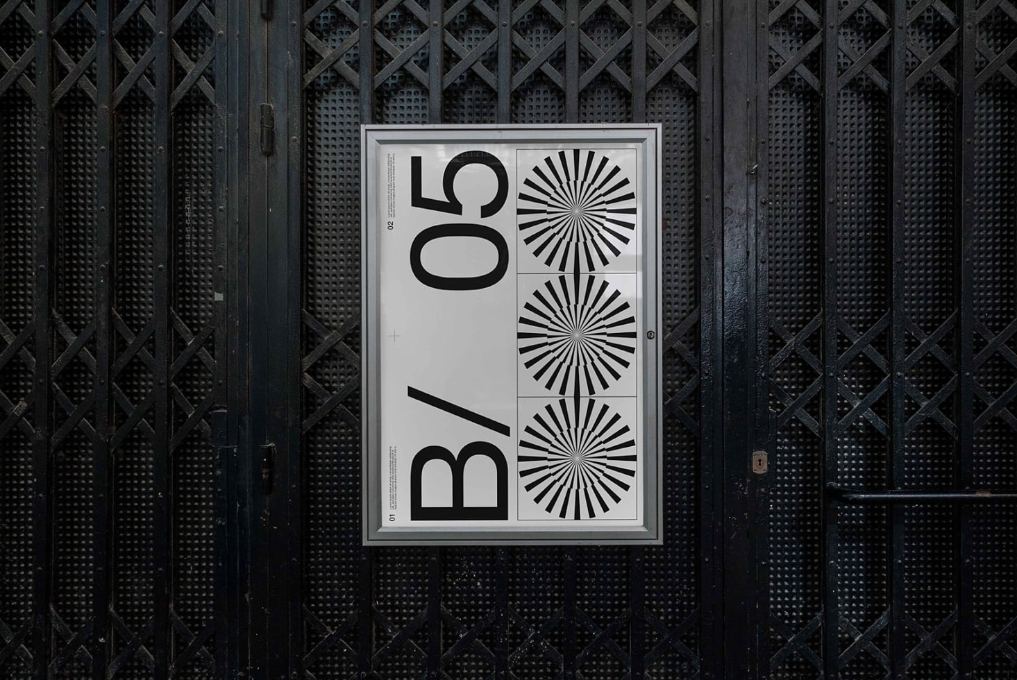 Poster mockup with light background against dark metal grid wall