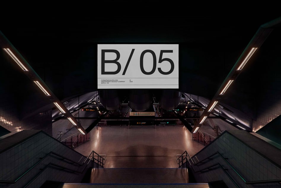 Overhead billboard mockup in futuristic transit hub showing B/05 with neon accent lighting