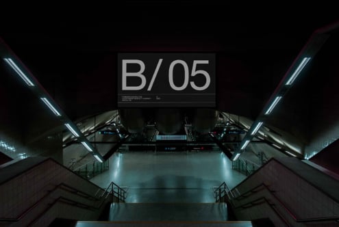 Suspended sign mockup in modern subway station with fluorescent lights framing B/05 display