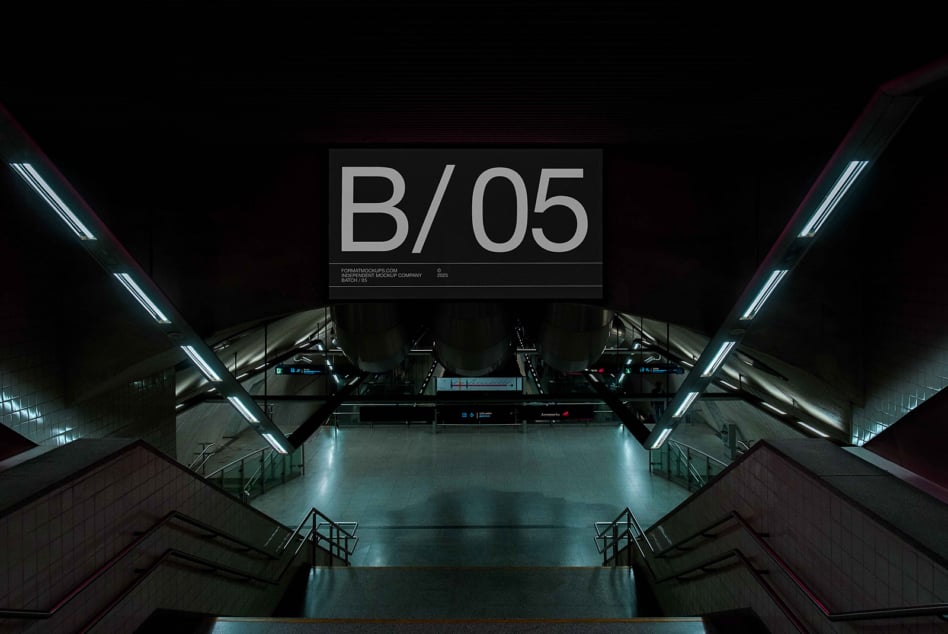 Suspended sign mockup in modern subway station with fluorescent lights framing B/05 display