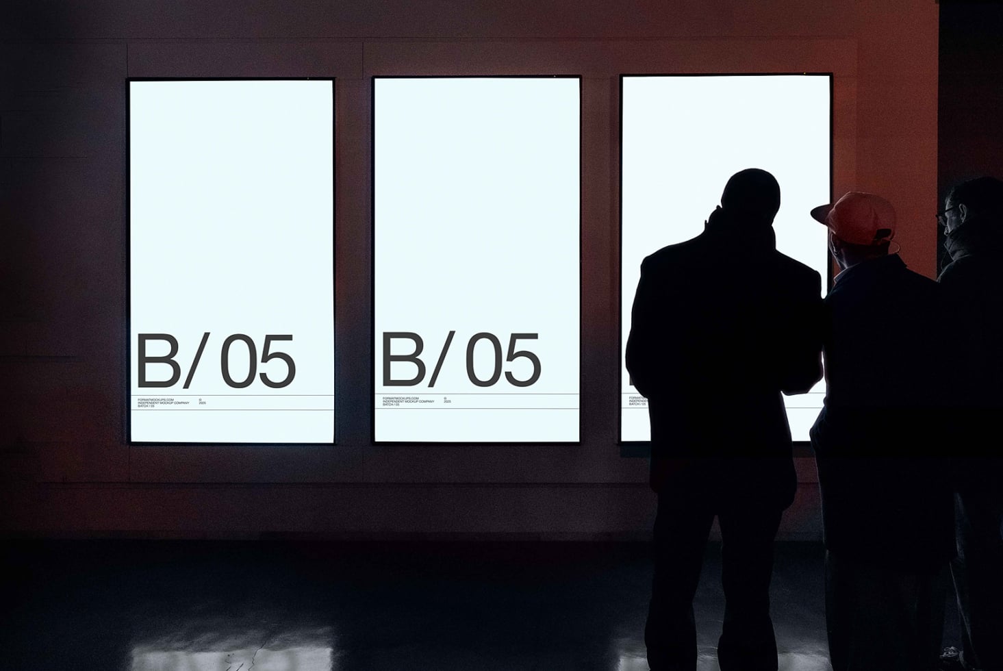 Glowing white poster mockups in gallery space with silhouetted people viewing B/05 signage