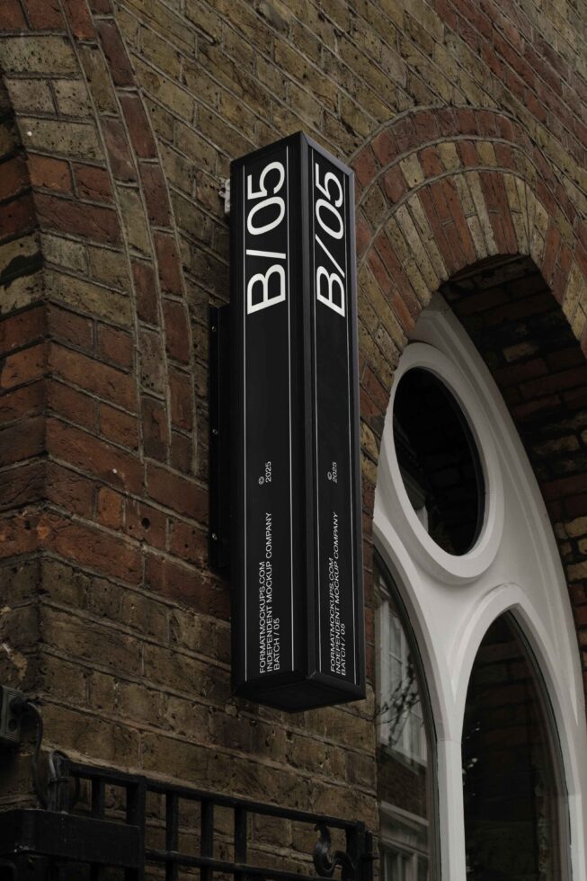 Vertical black corner sign with B/05 text mounted on red brick wall