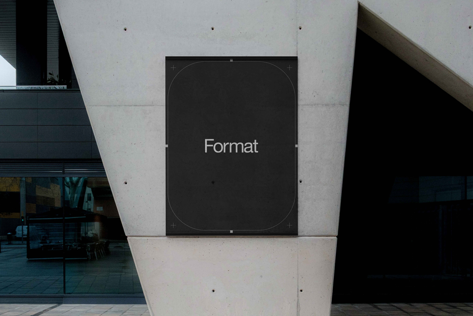 Black square wall sign mockup on concrete brutalist architecture interior