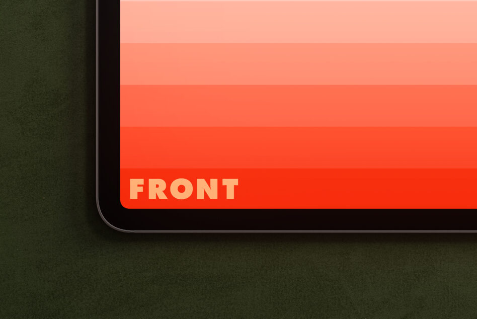 Phone screen mockup with gradient stripes labeled front on fabric texture