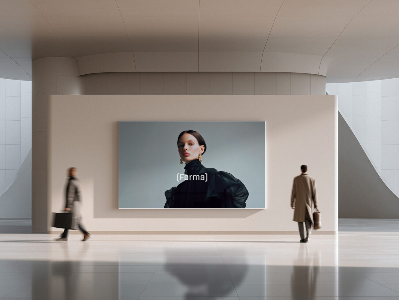 Modern gallery space with large screen display showing fashion portrait