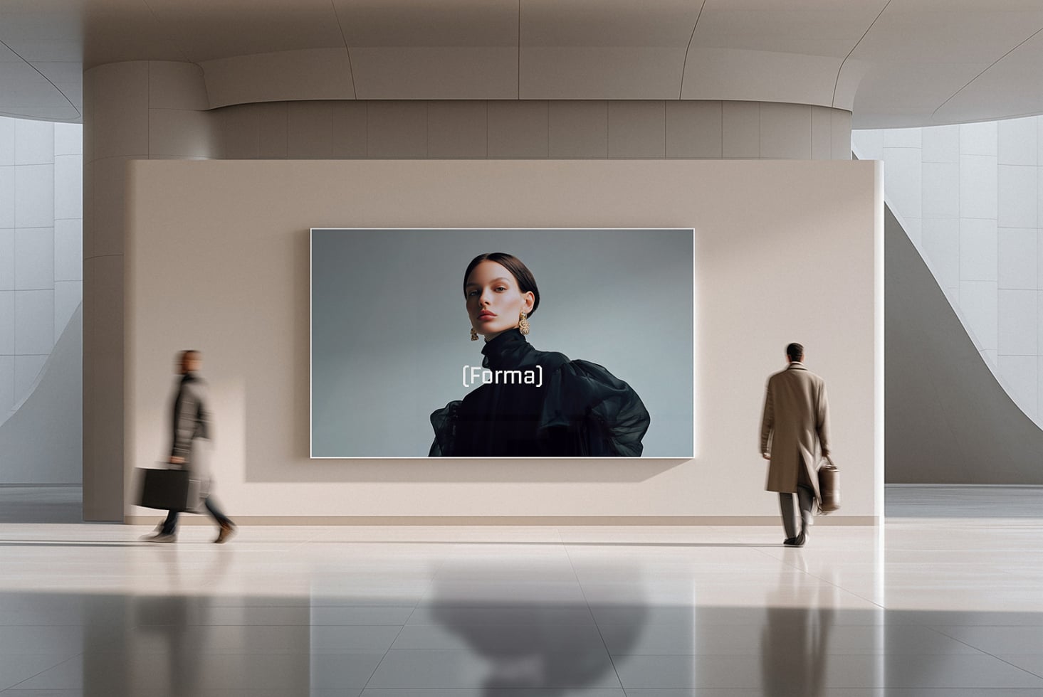 Modern gallery space with portrait of woman in black jacket on screen
