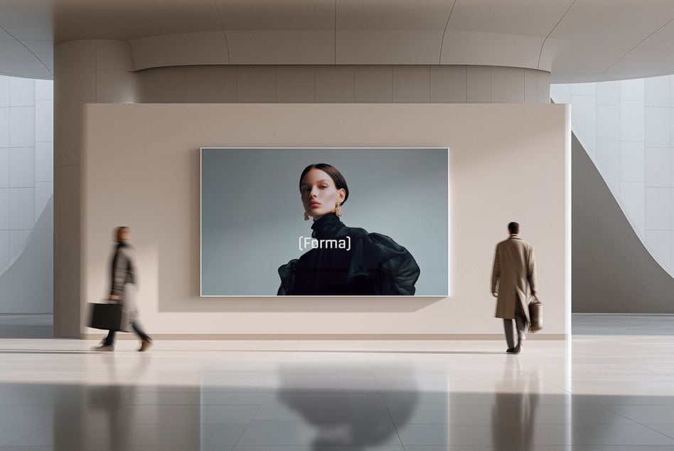 Modern gallery space with portrait of woman in black jacket on screen