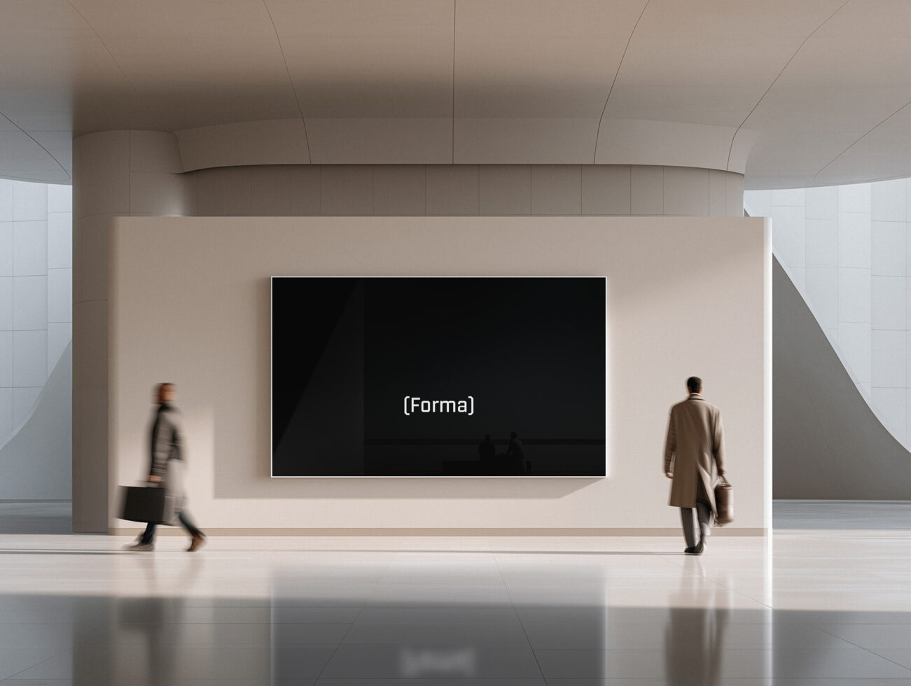 Minimalist interior with black screen display in beige exhibition space