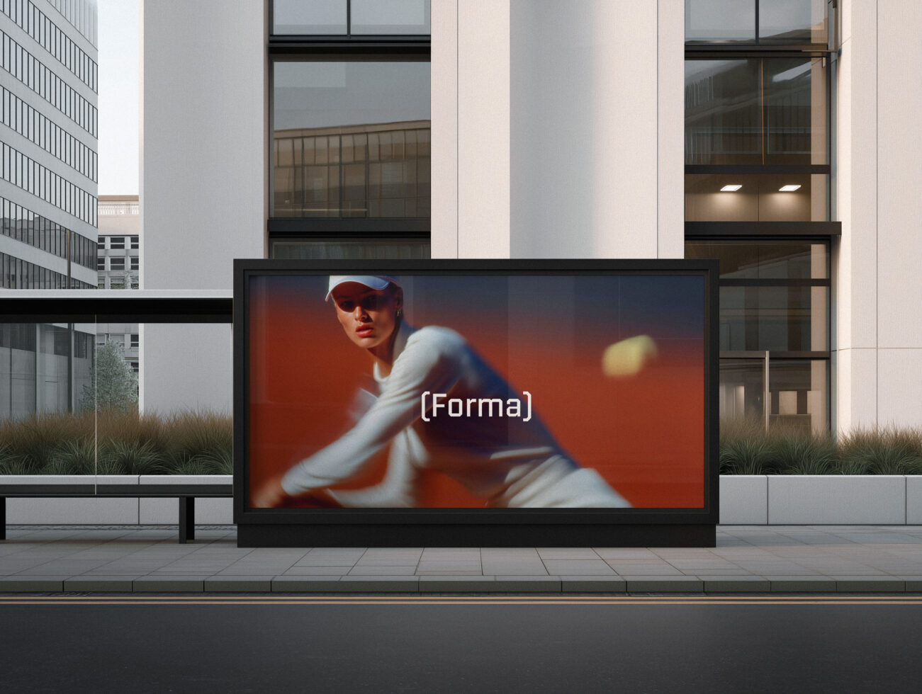 Street billboard mockup with athlete in white shirt against orange gradient background