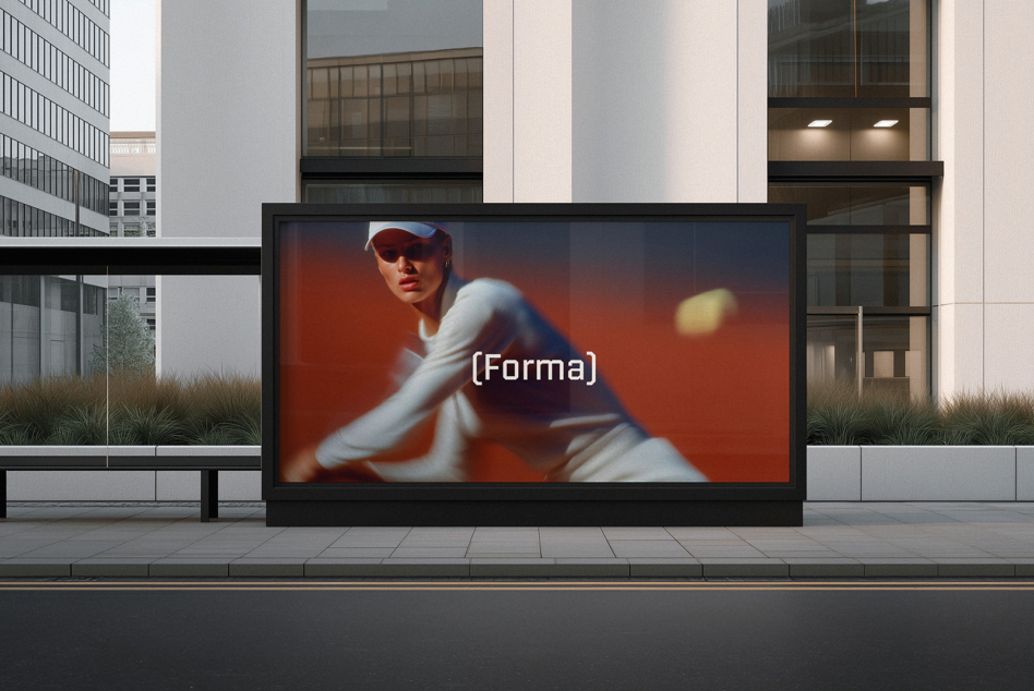 Street billboard mockup with athlete in white shirt against orange gradient background