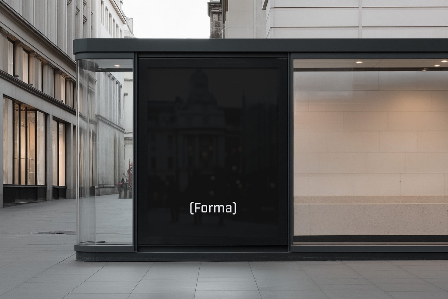Wide storefront display with blank black screen on downtown street corner