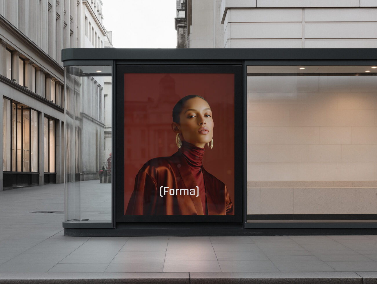 Woman in burgundy turtleneck against red background on urban storefront screen