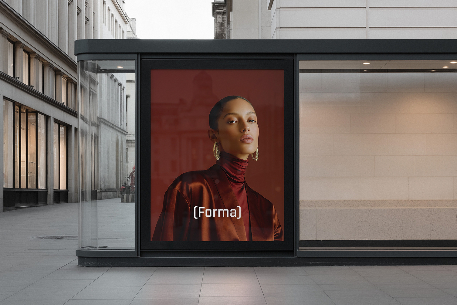 Wide storefront display with woman in burgundy satin turtleneck on red background