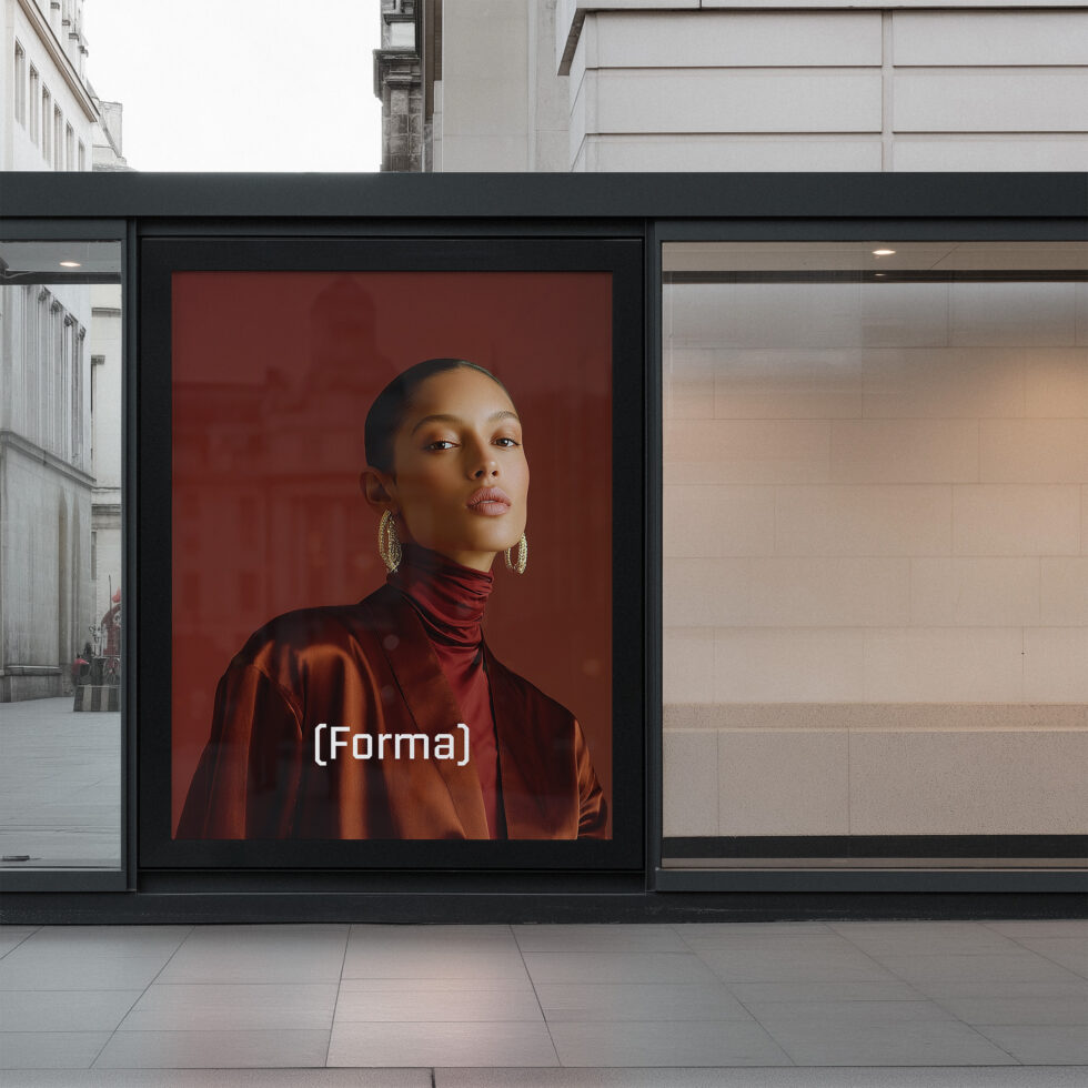 Street-level retail window showing woman in burgundy satin turtleneck against red backdrop