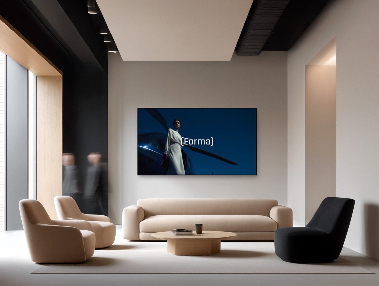 Minimalist lounge with wall-mounted screen displaying person in white coat against blue