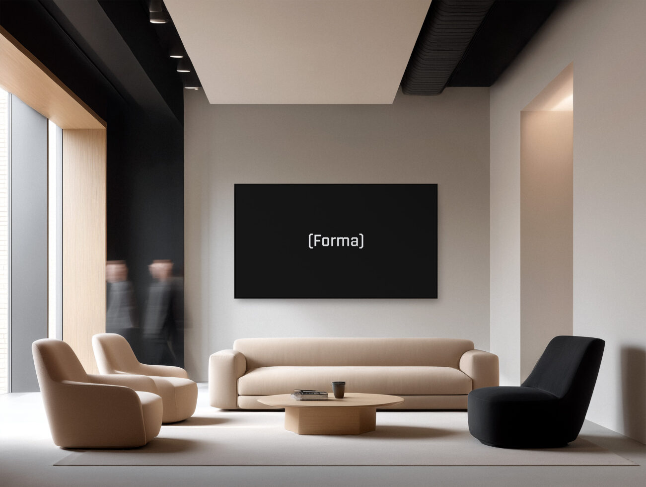 Contemporary living space with blank black screen on beige wall over cream sofa