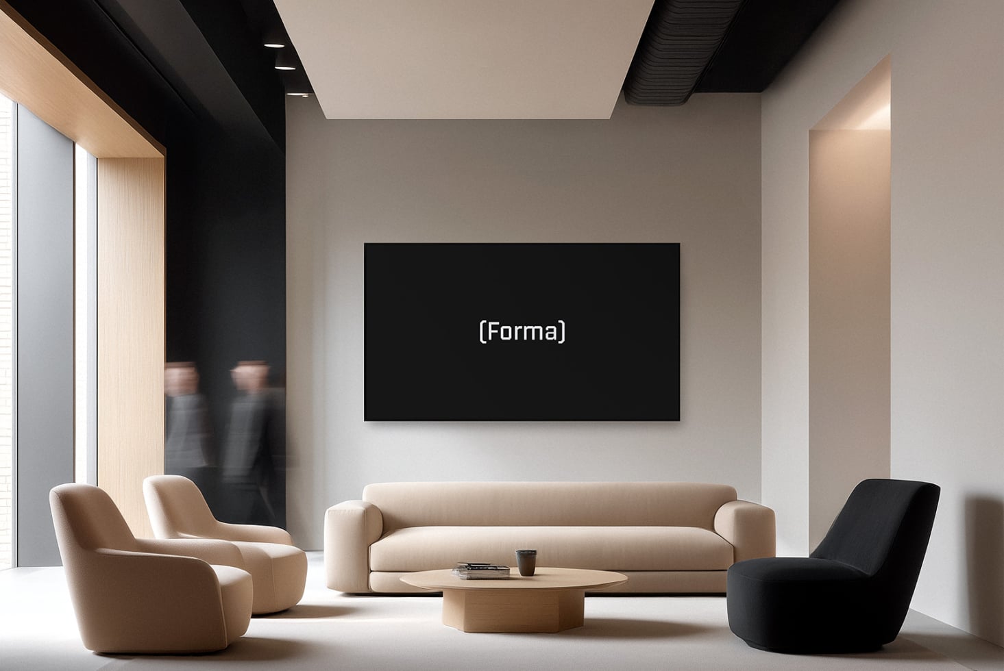 Minimalist lounge with dark screen display on white wall above modern cream seating
