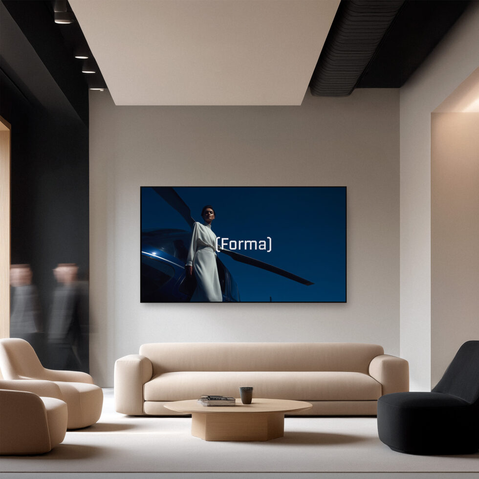 Sleek interior with TV showing person in white leaning on railing against blue background