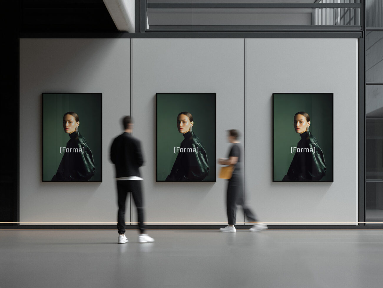 Three framed portrait posters on minimalist gallery wall with visitors passing by