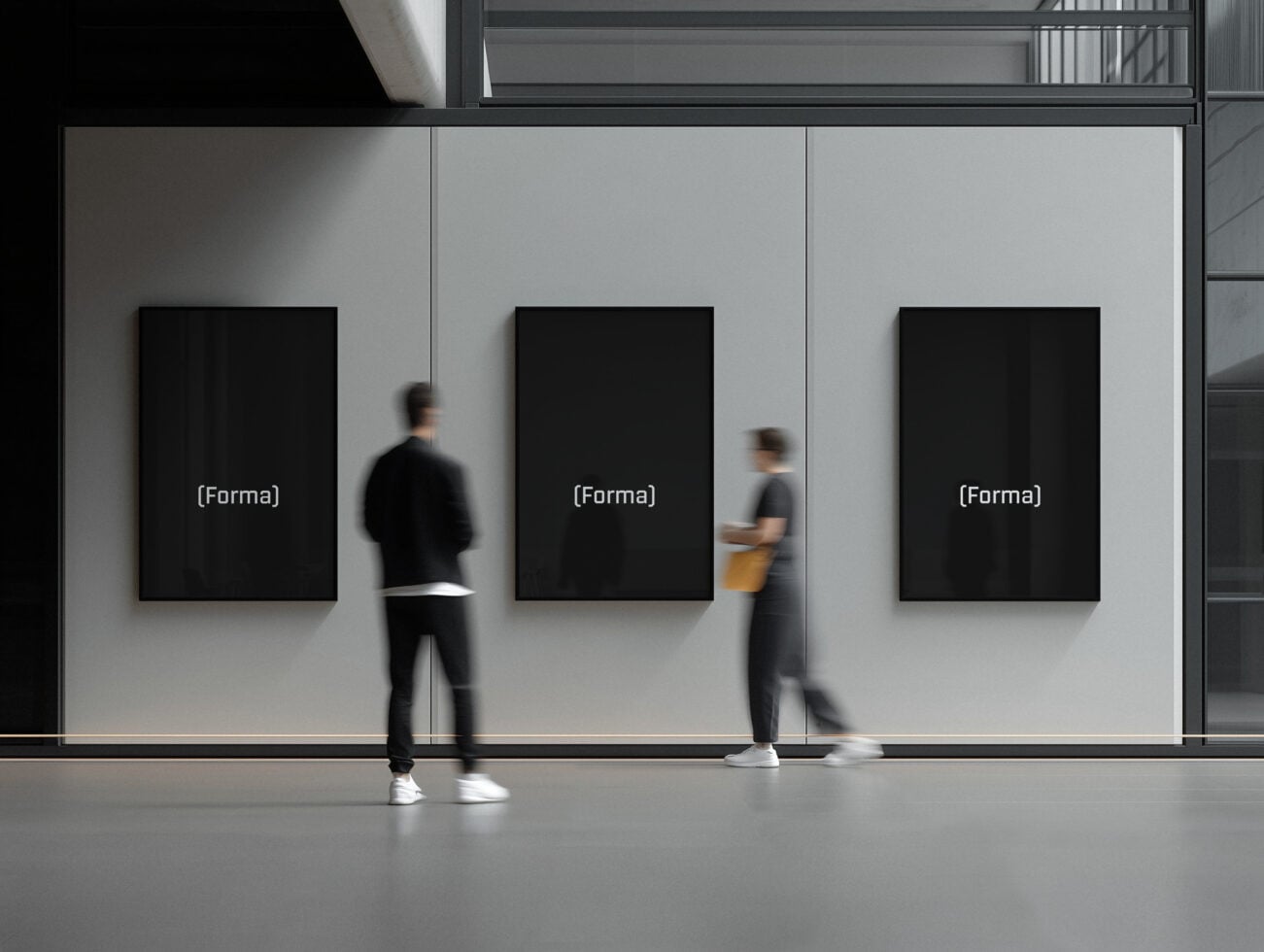 Three black framed posters displayed on white gallery wall with motion blur figures
