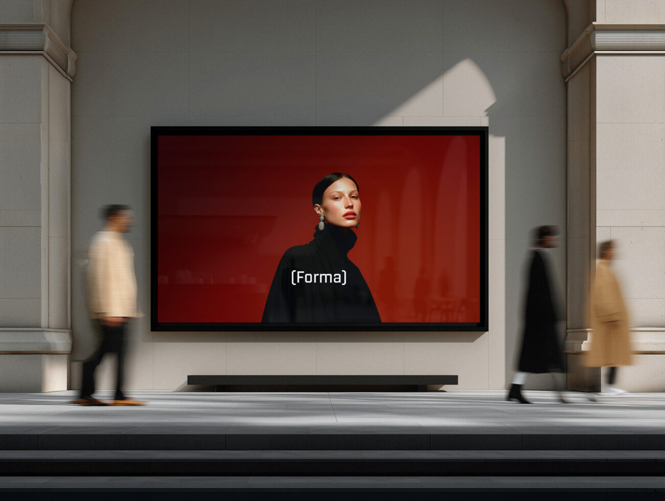 Woman in black turtleneck against red background on mounted gallery screen