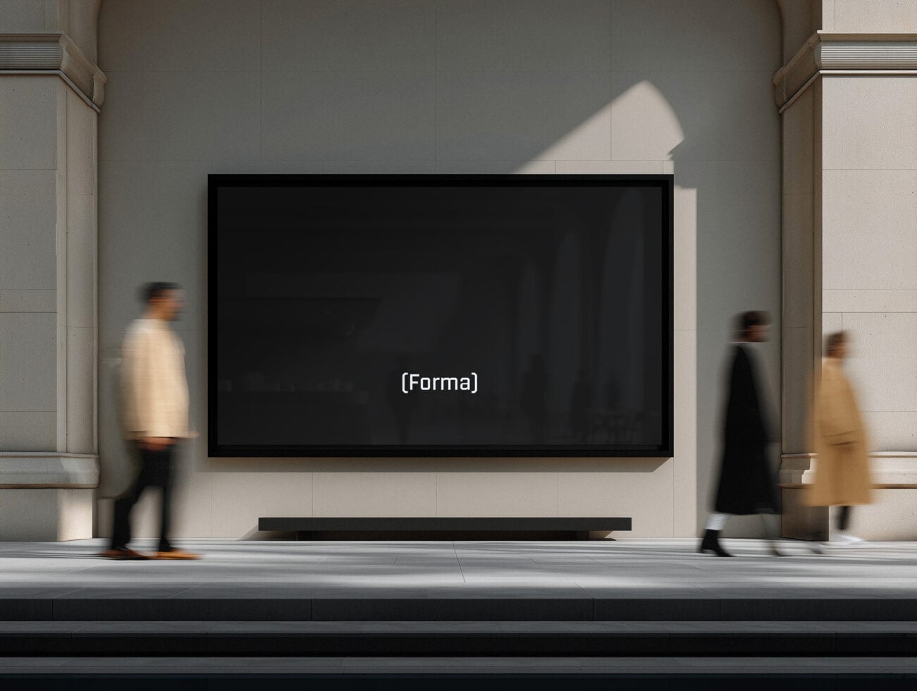 Dark blank screen display mounted on minimal gallery wall