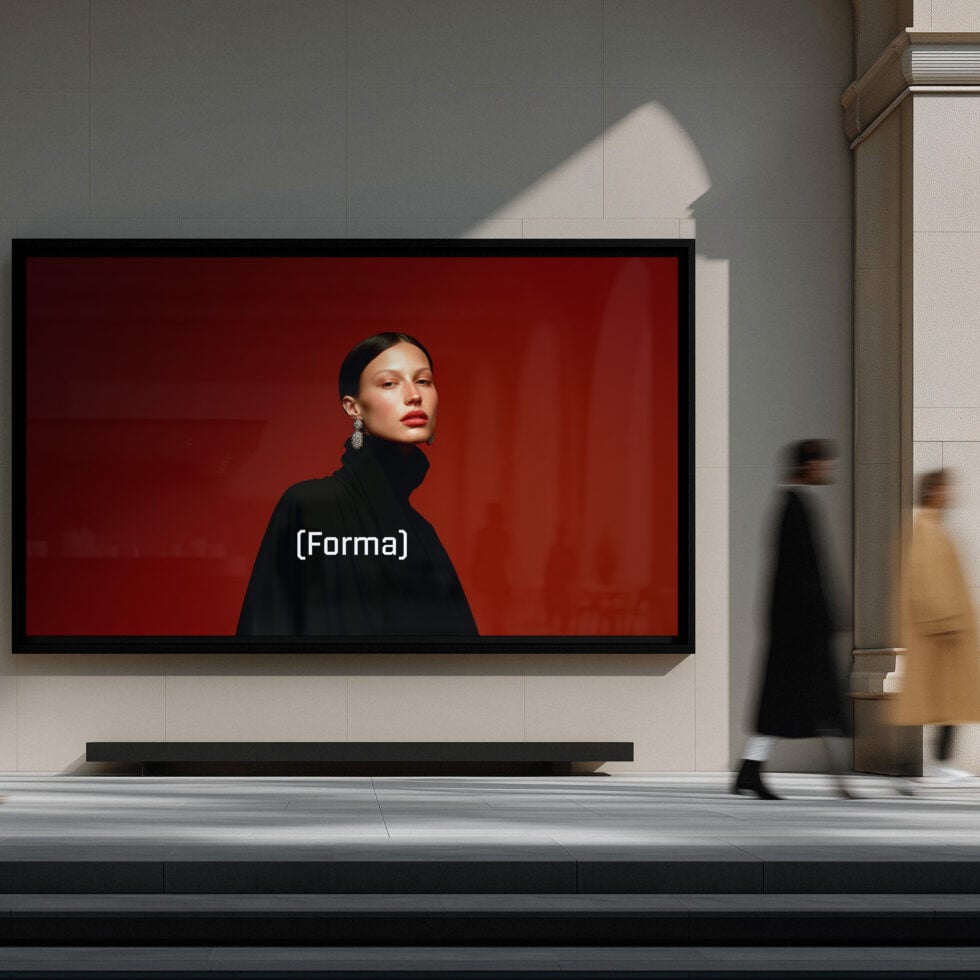 Woman in black turtleneck against red background on horizontal gallery screen