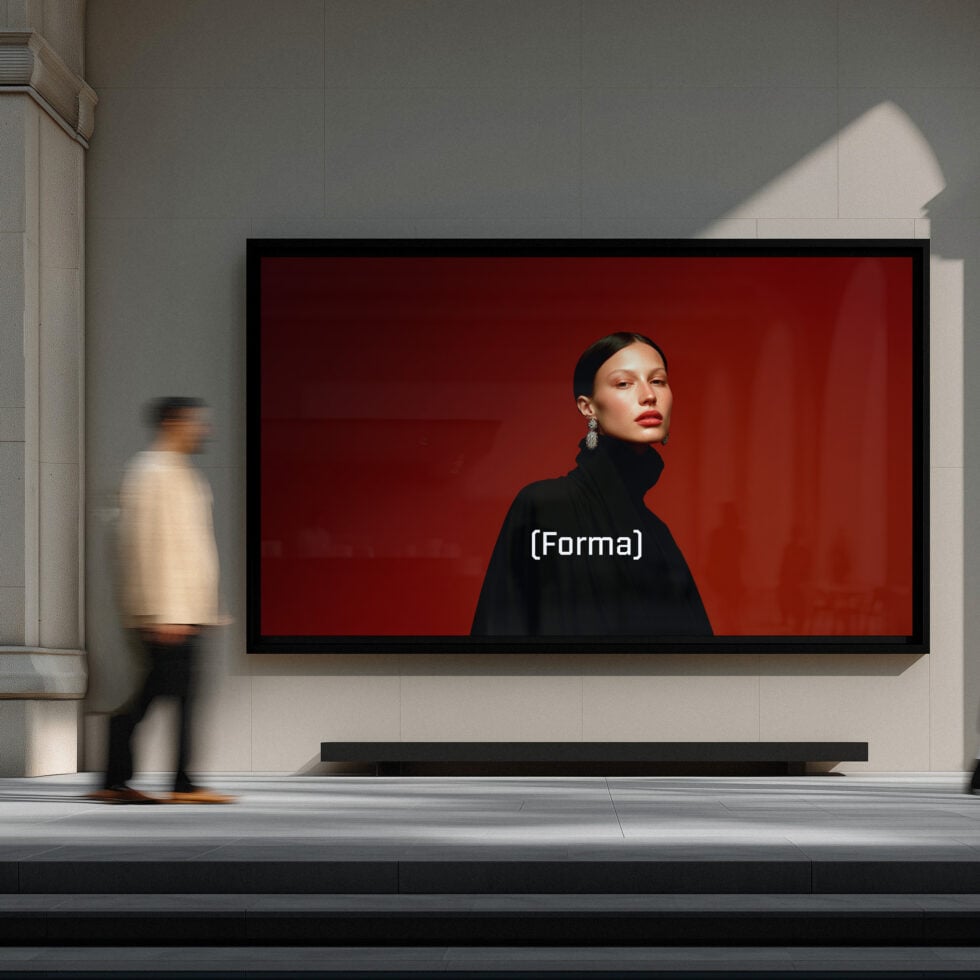 Woman in black turtleneck against red background on wide gallery display