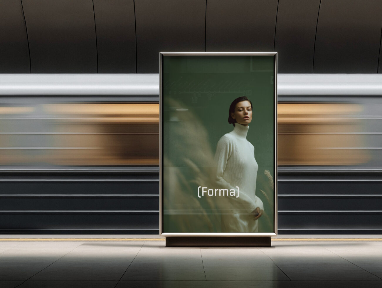 Vertical display with woman in cream turtleneck on green background