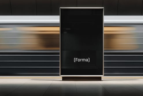 Empty vertical billboard mockup between wood paneling