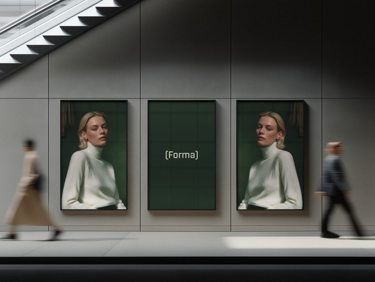 Three framed portraits on gallery wall with blurred figures walking by