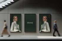 Gallery wall triptych with two portrait frames of woman in turtleneck, center blank