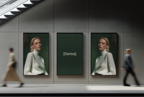 Gallery wall triptych with two portrait frames of woman in turtleneck, center blank