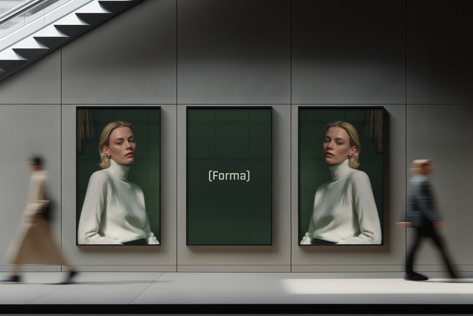 Gallery wall triptych with two portrait frames of woman in turtleneck, center blank