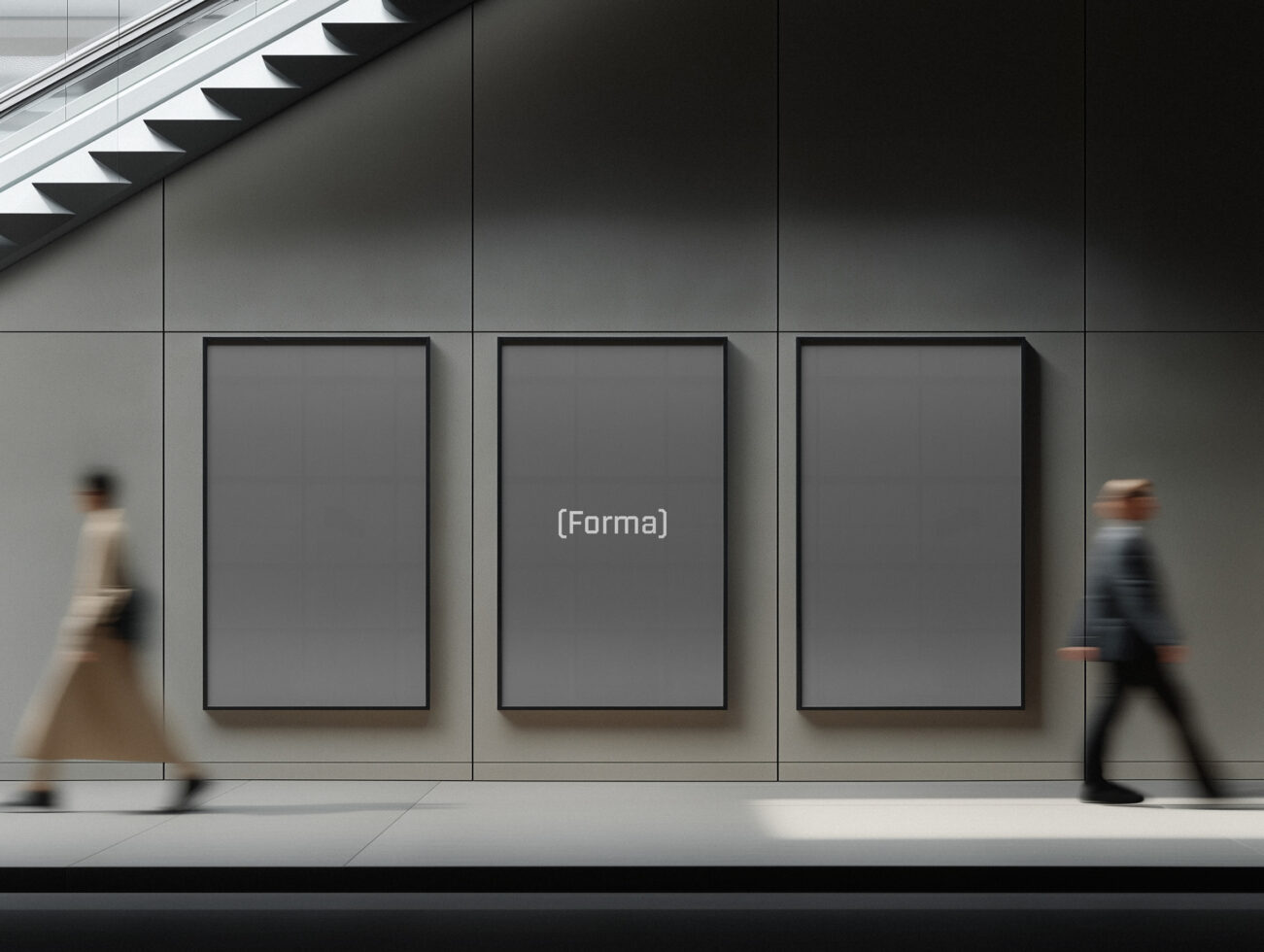 Three black frames on minimal gallery wall with people passing through