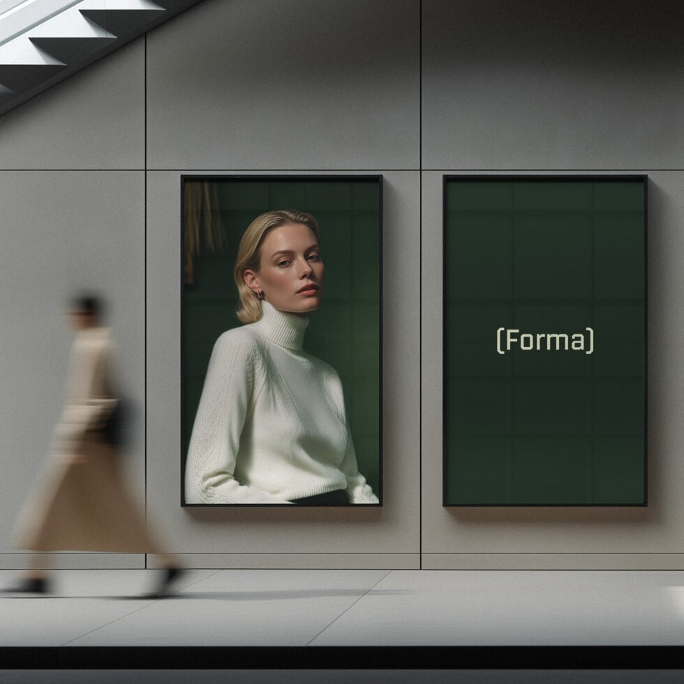 Two framed portraits on gallery wall with blurred visitor in foreground