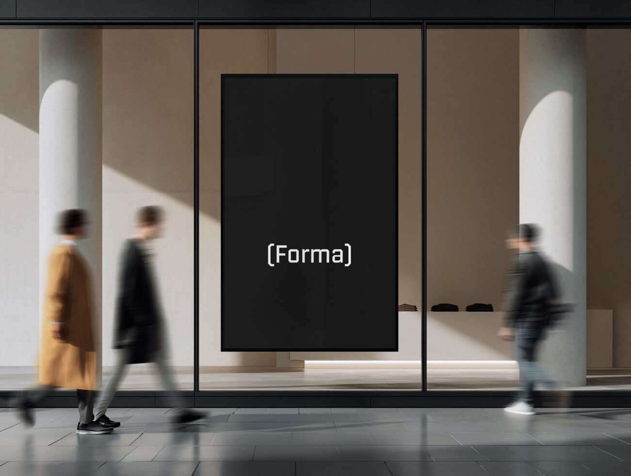 Dark blank storefront display screen with passersby in motion blur