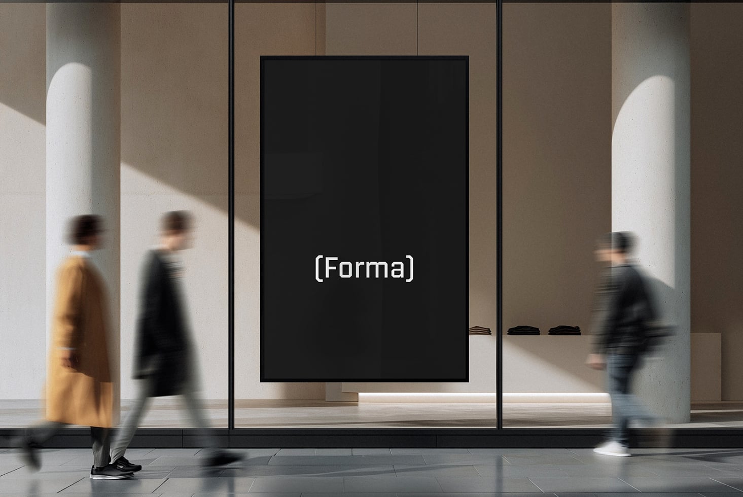 Blank gallery wall mockup with busy pedestrian traffic in soft focus