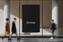 Blank gallery wall mockup with busy pedestrian traffic in soft focus