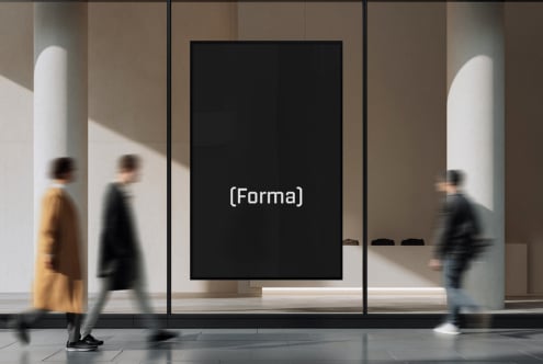 Blank gallery wall mockup with busy pedestrian traffic in soft focus
